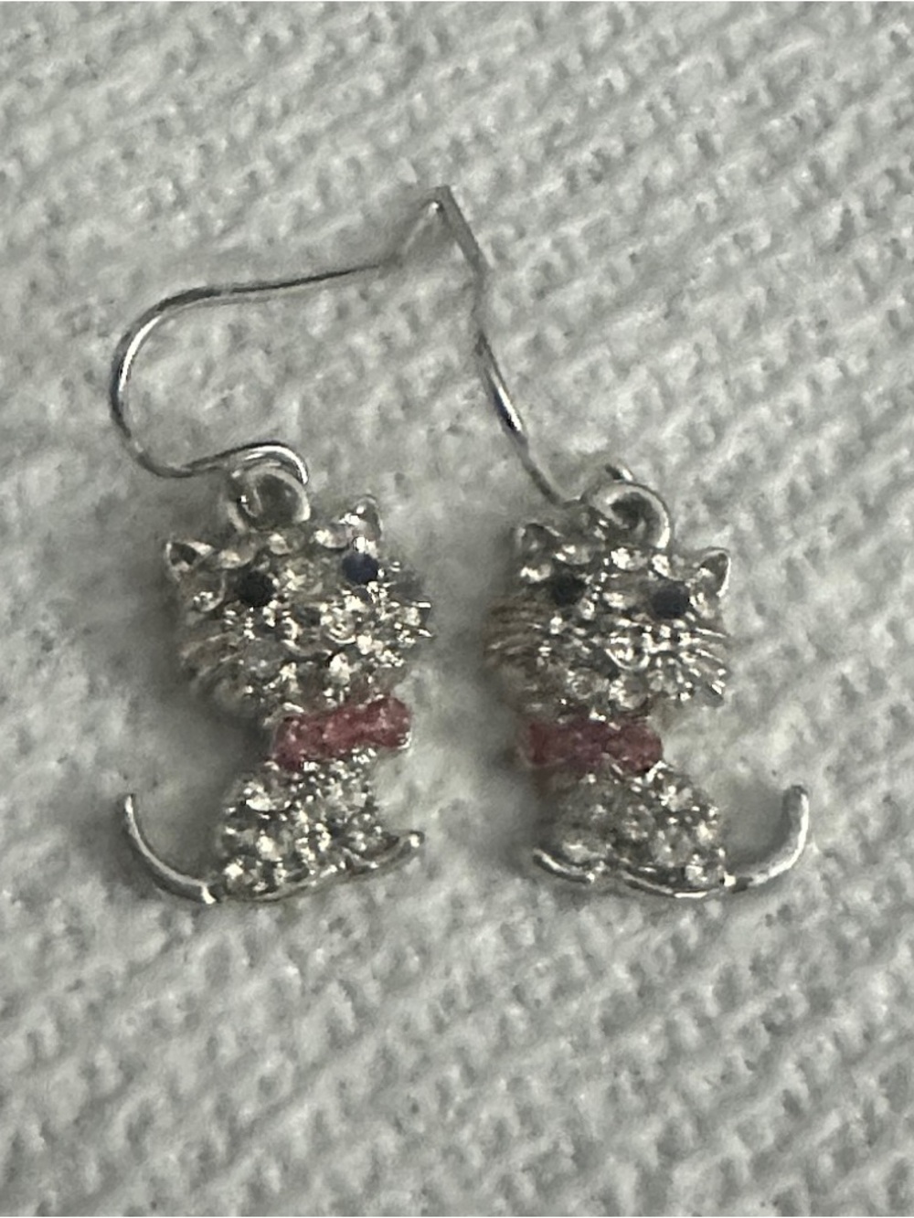 Silver Cat Dangle Earrings with Pink Bow - Cute Cat Jewelry